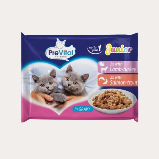 PreVital JUNIOR 4-PACK Łosoś & Pstrąg - Jagnięcina & Indyk